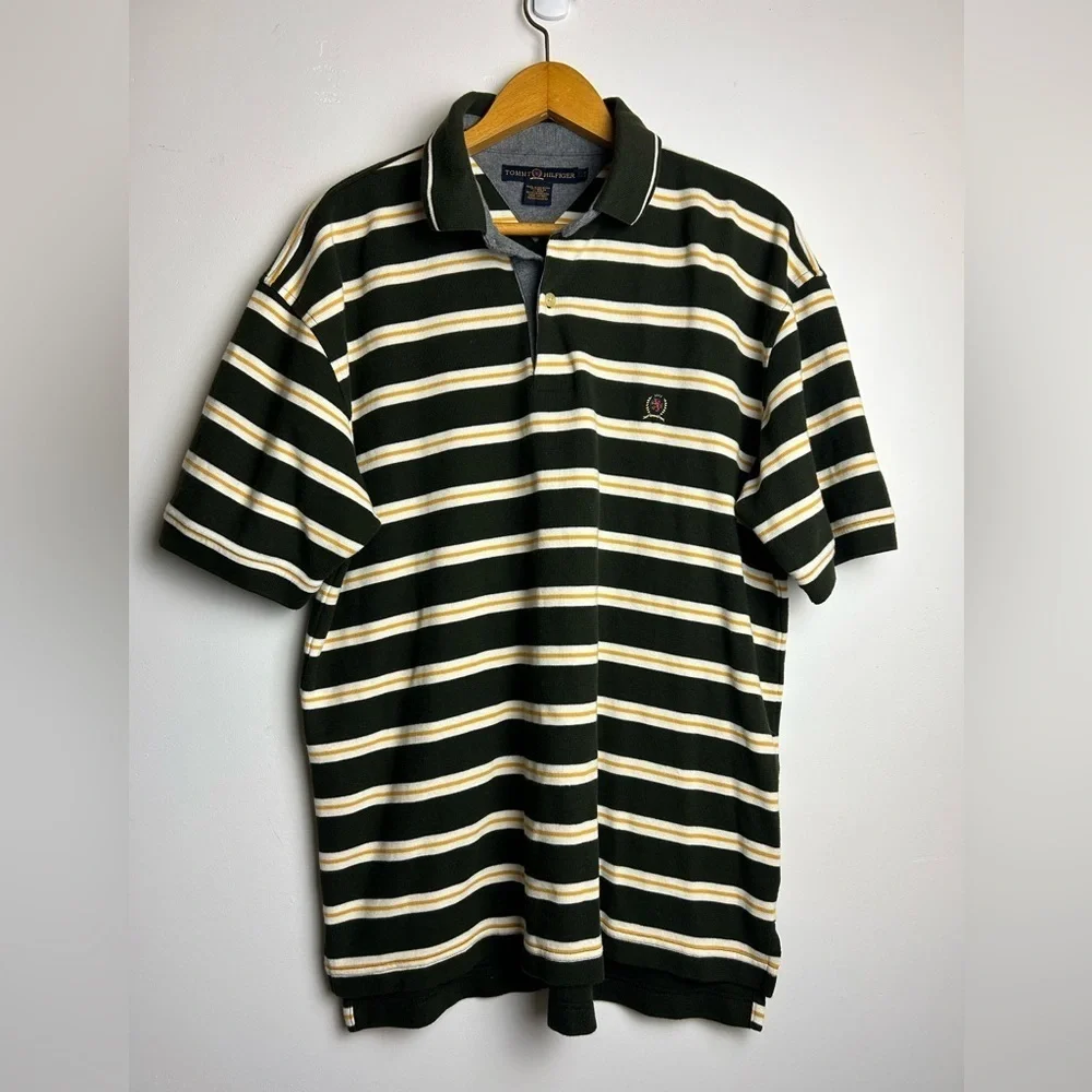 VTG Tommy Hilfiger Green Striped‎ Polo Shirt Mens Sz L Logo Thermal Equestrian